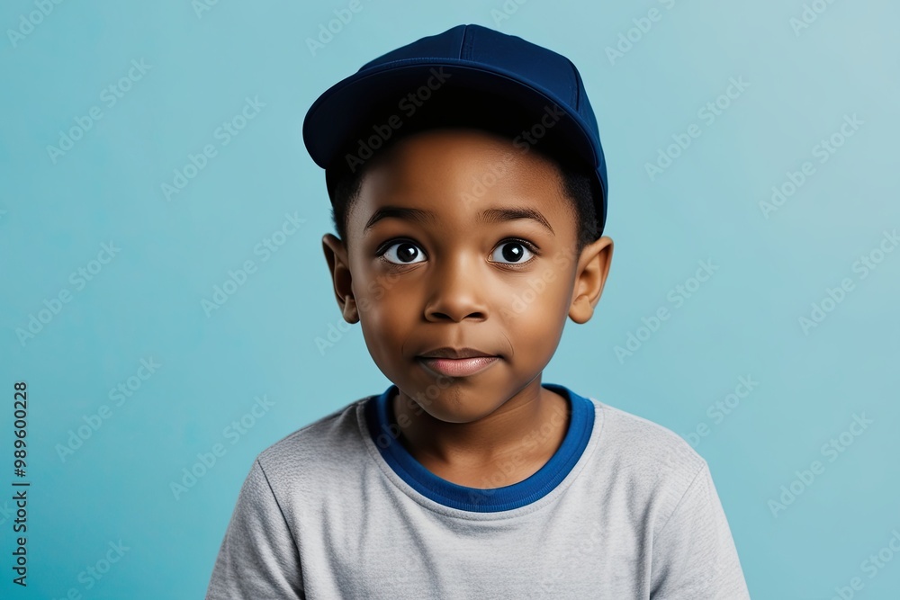 Curious Inquisitive African American Boy in a Cap on Crystal-Clear Background Curious Inquisitive African American Boy in a Cap on Crystal-Clear Background