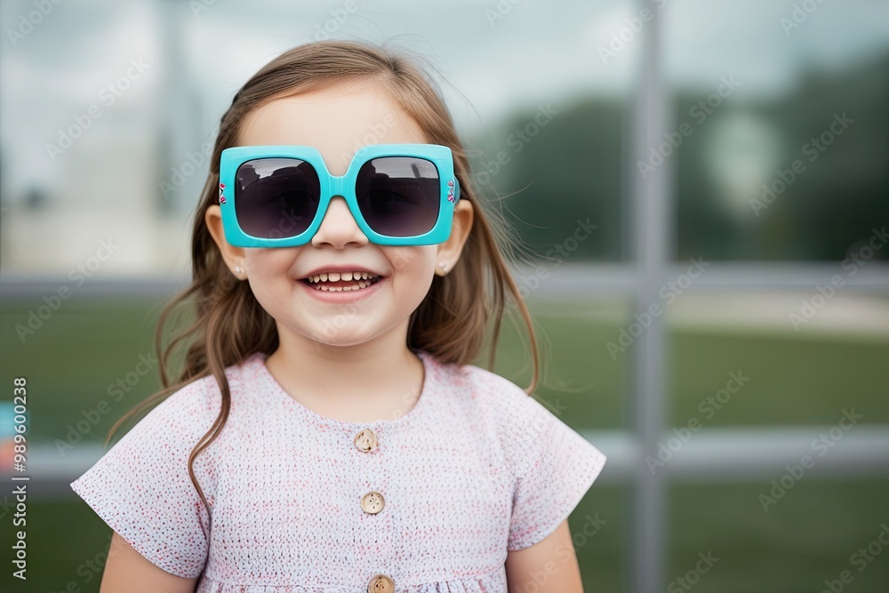 Playful Young Girl in Oversized Sunglasses Against a Clear Backdrop Playful Young Girl in Oversized Sunglasses Against a Clear Backdrop