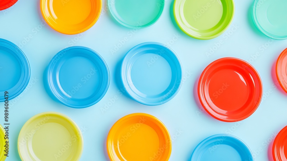 Flat lay image of colorful plastic frisbees on a light blue background, leaving ample space for text or branding. Flat lay image of colorful plastic frisbees on a light blue background, leaving ample space for text or branding.