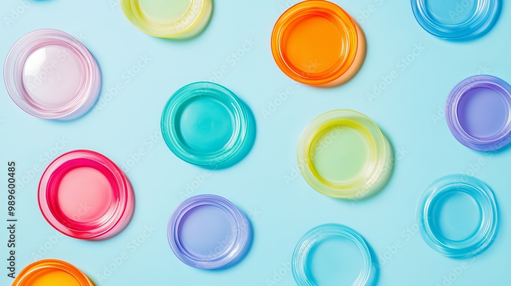 Flat lay image of colorful plastic frisbees on a light blue background, leaving ample space for text or branding. Flat lay image of colorful plastic frisbees on a light blue background, leaving ample space for text or branding.