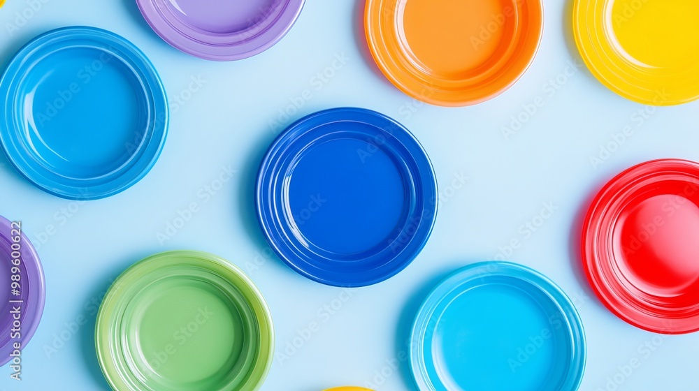 Flat lay image of colorful plastic frisbees on a light blue background, leaving ample space for text or branding. Flat lay image of colorful plastic frisbees on a light blue background, leaving ample space for text or branding.