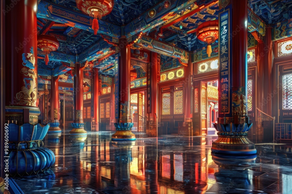 Obraz premium A cozy room with decorative columns and a grandfather clock, perfect for interior design or home decor projects