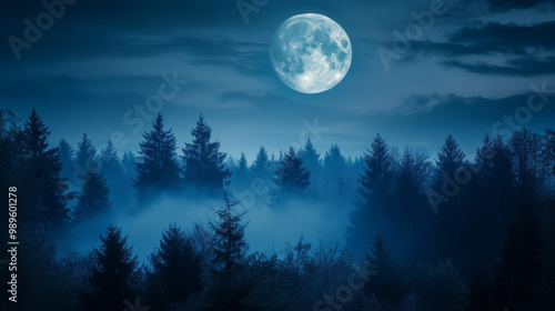 Full Moon Above a Foggy Forest at Night