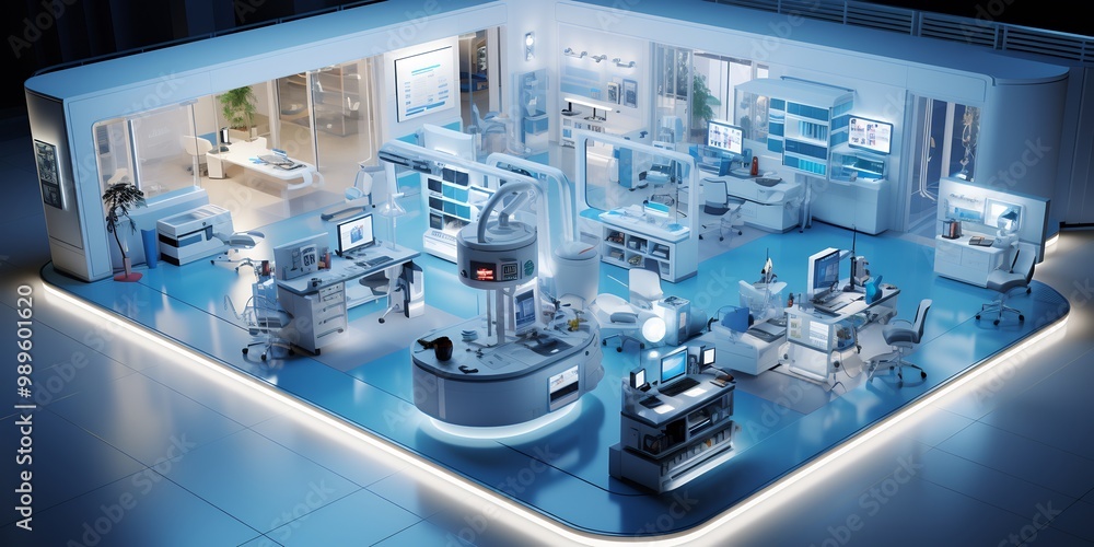 Naklejka premium Virtual hospital room where AI manages patient diagnostics through bioscan instruments automating medication prescriptions ensuring blockchain data security