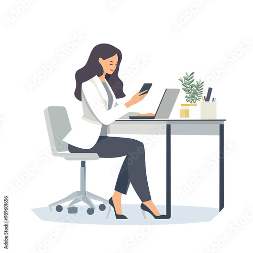 Professional Multitasking: Businesswoman Utilizing Smartphone At Modern Office Desk With Laptop To Showcase Productive Work Environment