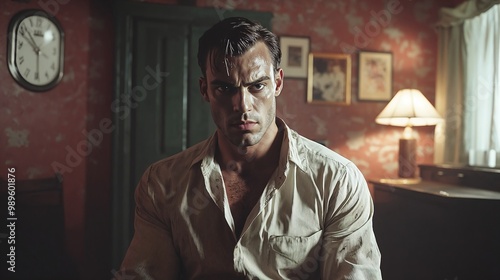 Intense Man in Vintage Room with Clock and Warm Lighting