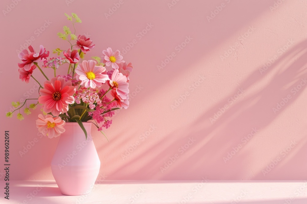 A beautiful bouquet of pink flowers fills this white ceramic vase, perfect for decorating any room or special occasion A beautiful bouquet of pink flowers fills this white ceramic vase, perfect for decorating any room or special occasion