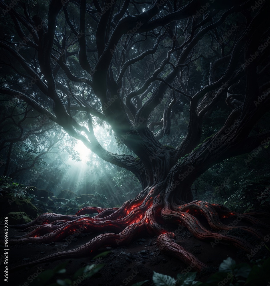 Fototapeta premium Mystical Tree with Glowing Roots in Enchanted Forest at Sunrise