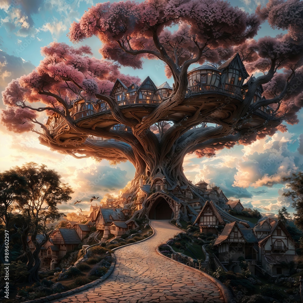 Obraz premium Fantasy Village with Houses in Majestic Tree at Sunset