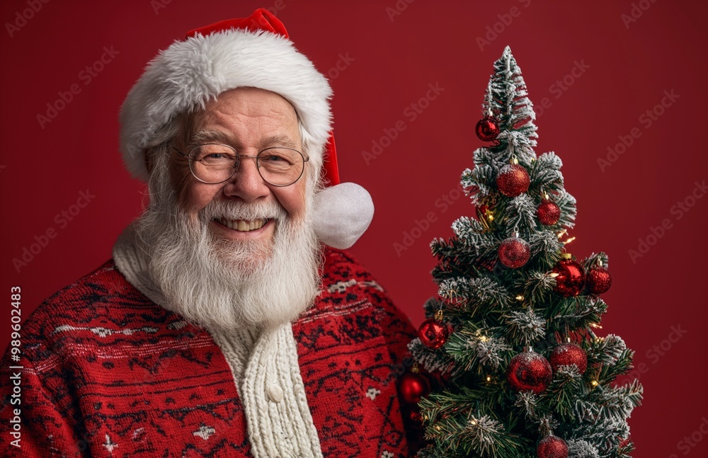 Santa Claus stand next to the Christmas tree on red background Santa Claus stand next to the Christmas tree on red background