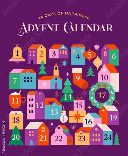Merry Christmas, Advent Calendar. Concept design with Christmas village, decorations, gifts and homes. Vector illustration
