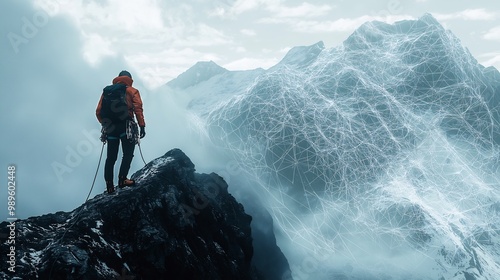 Climber on Mountain Peak with Digital Network Overlay