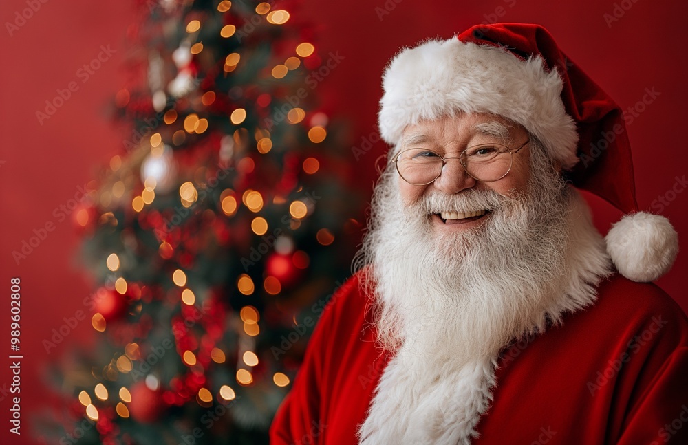Naklejka premium Santa Claus stand next to the Christmas tree on red background