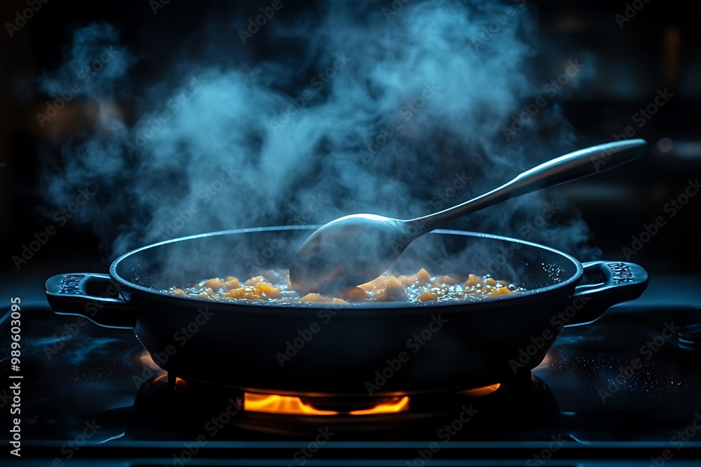 Steaming hot food being cooked in a pan on a stove Steaming hot food being cooked in a pan on a stove
