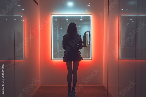 Woman in silhouette standing in front of a mirror in a fitting room. photo