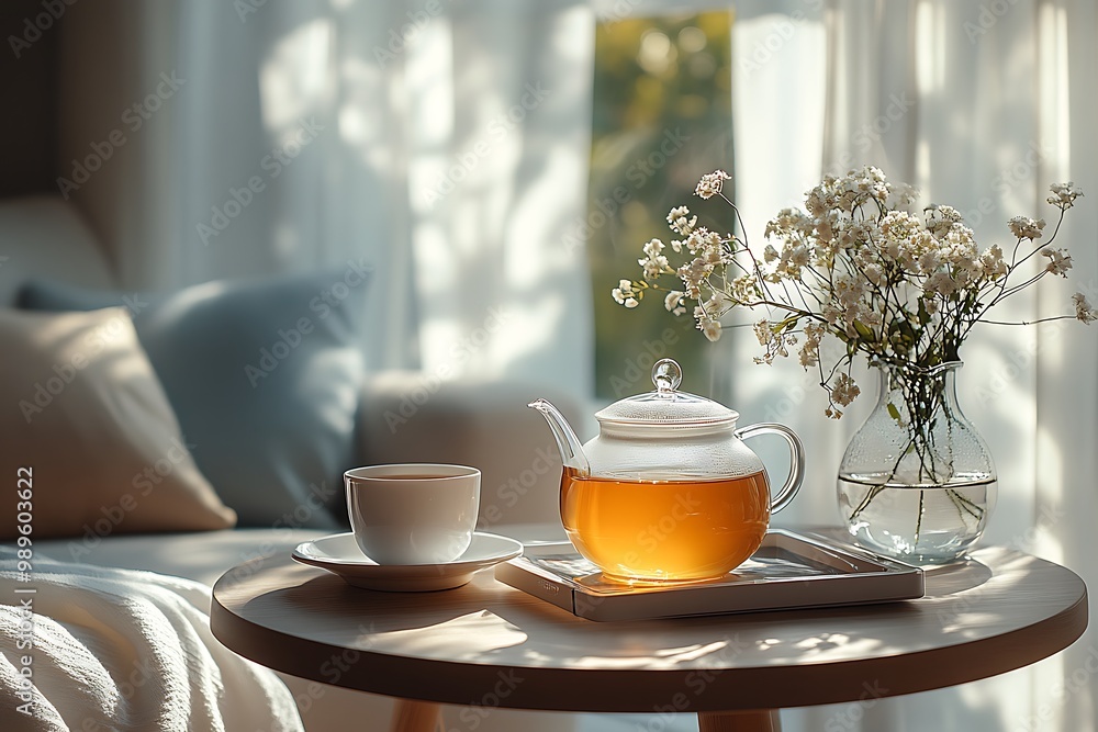 A cozy morning scene with tea and flowers by the window A cozy morning scene with tea and flowers by the window