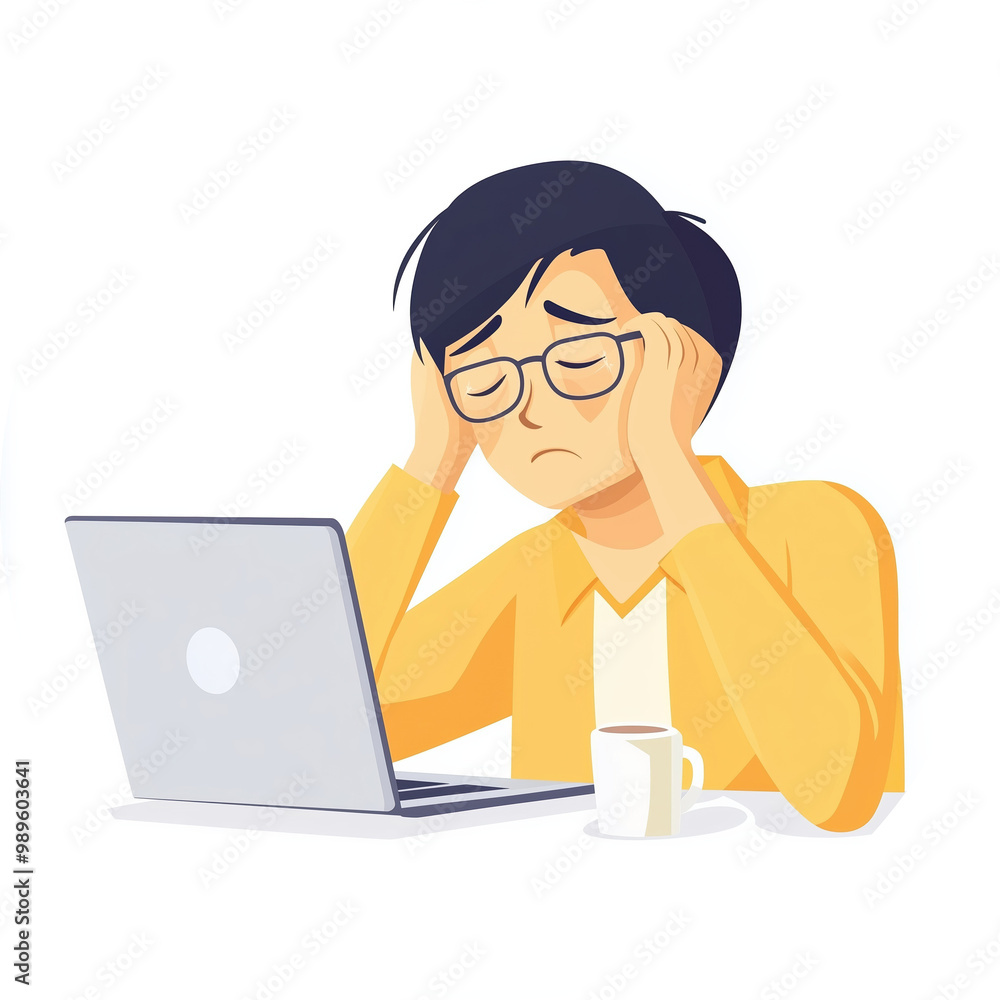 Title: Asian Worker Struggling With Eye Pain While Businessman In Glasses Works Late With Serious Concentration Using Laptop Inside Office Title: Asian Worker Struggling With Eye Pain While Businessman In Glasses Works Late With Serious Concentration Using Laptop Inside Office