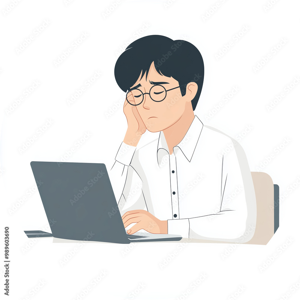 Tired Asian Worker Experiencing Eye Pain While Working Late In Office, Serious And Concentrated Businessman In Glasses Using Laptop. Tired Asian Worker Experiencing Eye Pain While Working Late In Office, Serious And Concentrated Businessman In Glasses Using Laptop.