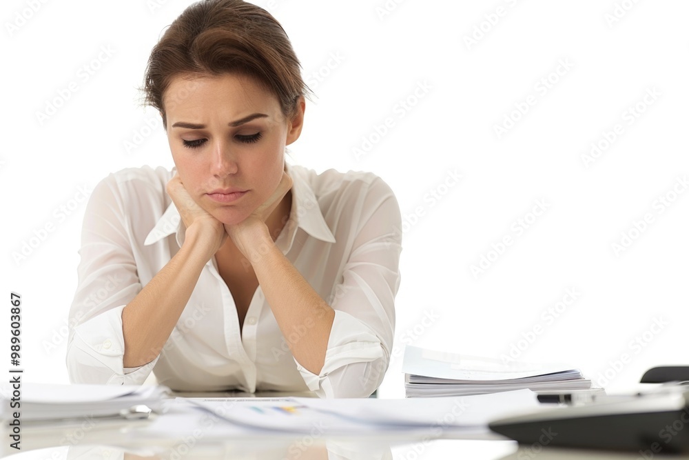 Obraz premium A woman sits at a desk, lost in thought, with her hands resting on her chin