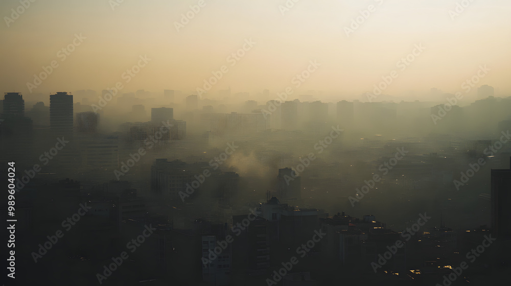 Fototapeta premium A city skyline obscured by a dense smog visibility drastically reduced.