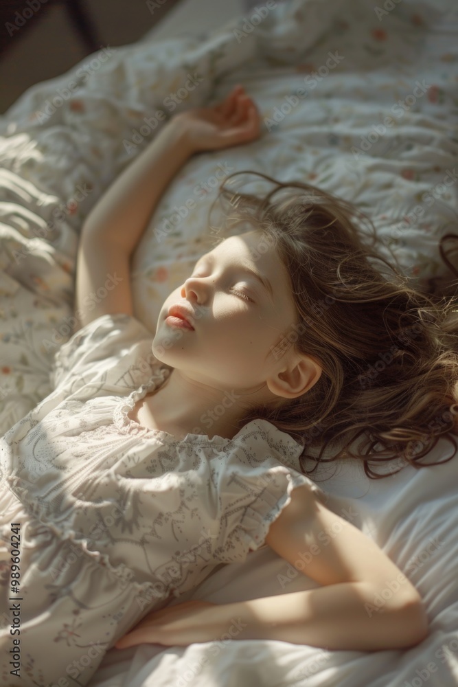 A young child resting peacefully on a bed, perfect for illustrations and editorial use A young child resting peacefully on a bed, perfect for illustrations and editorial use
