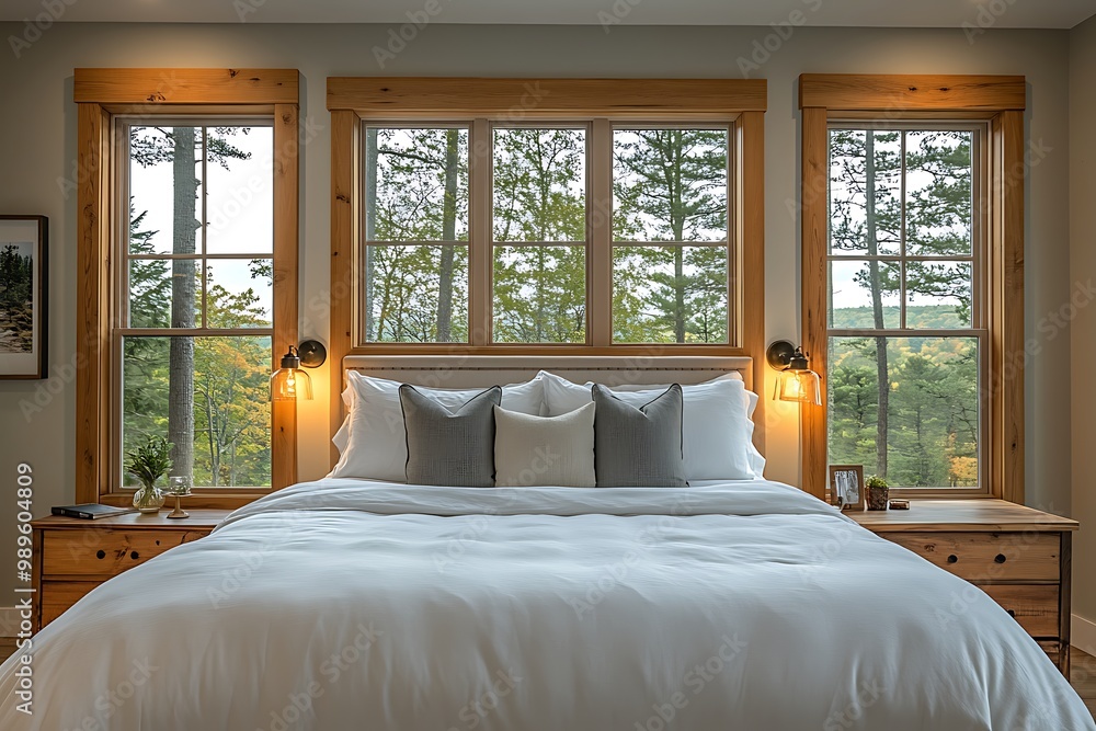 A cozy bedroom with large windows offering a scenic forest view A cozy bedroom with large windows offering a scenic forest view