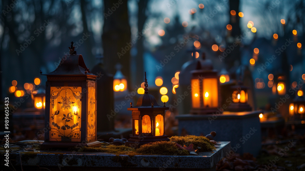 Day of Remembrance for Deceased Relatives in Poland. Special lanterns glowing at night in the cemetery. Day of Remembrance for Deceased Relatives in Poland. Special lanterns glowing at night in the cemetery.