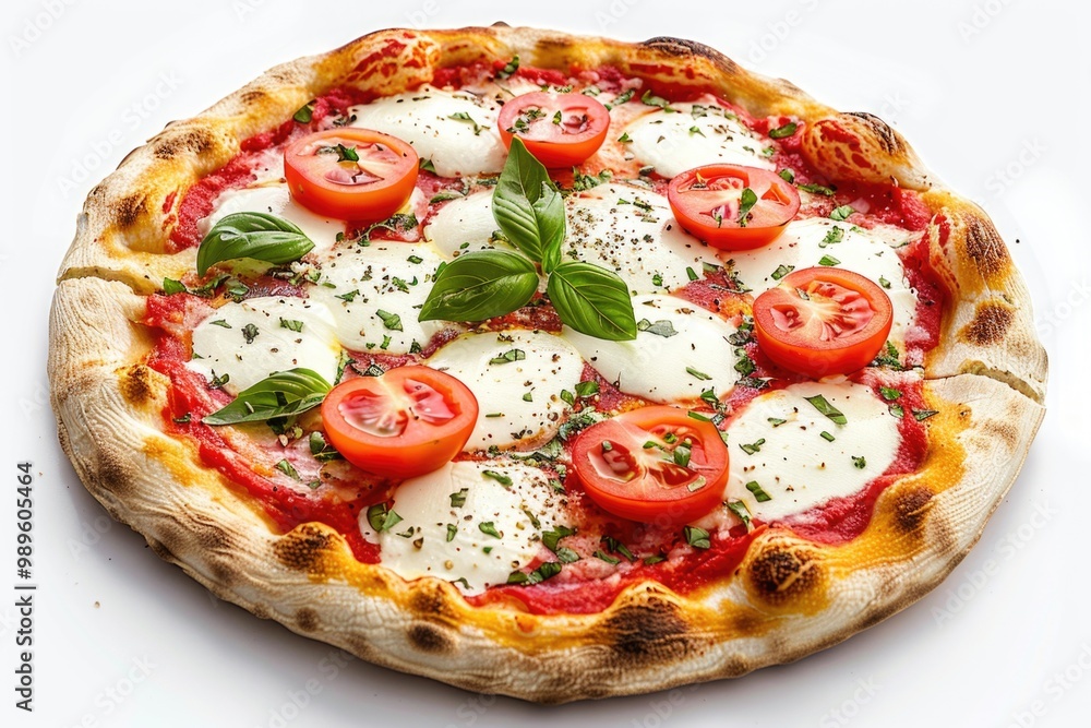 A classic tomato pizza served on a clean white surface, great for food or culinary photography A classic tomato pizza served on a clean white surface, great for food or culinary photography