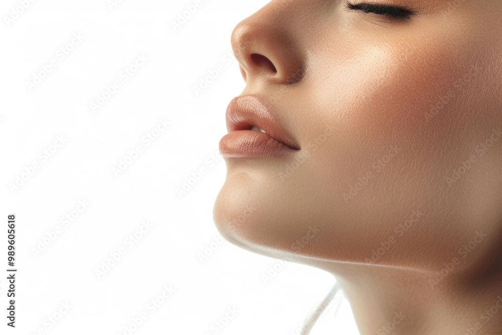 A portrait of a woman with her eyes shut, focused on something else A portrait of a woman with her eyes shut, focused on something else