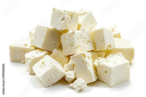 A compact pile of tofu on a clean white surface