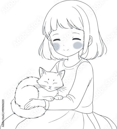 Girl with cat line art, can be used for coloring books, applying art to clothes and objects, wallpapers in homes or wherever you want.