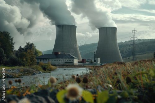 Wallpaper Mural Two industrial cooling towers emitting smoke, perfect for illustrations about industry, pollution, or environmental issues Torontodigital.ca