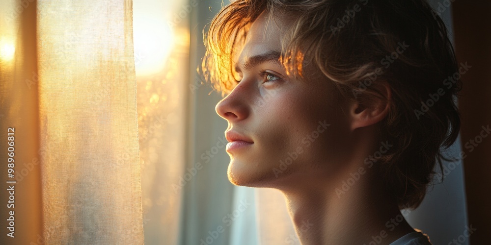 Contemplative Gaze, Individual gazing thoughtfully through a window, soft light illuminating their features, blurred background enhances focus on expression Contemplative Gaze, Individual gazing thoughtfully through a window, soft light illuminating their features, blurred background enhances focus on expression