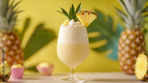 Savor the refreshing taste of summer with this tantalizing Virgin Pi?a Colada, adorned with a vibrant pineapple slice and leafy garnish