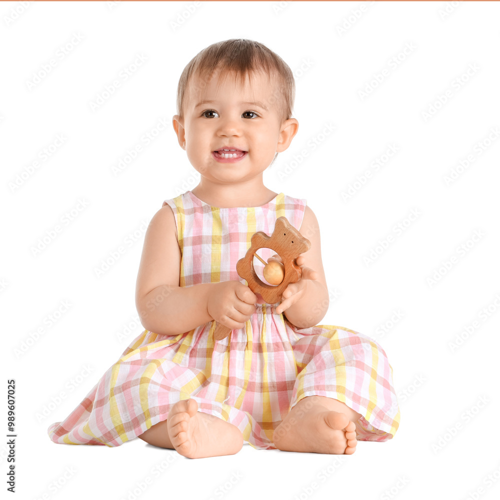Cute baby with toy on white background Cute baby with toy on white background