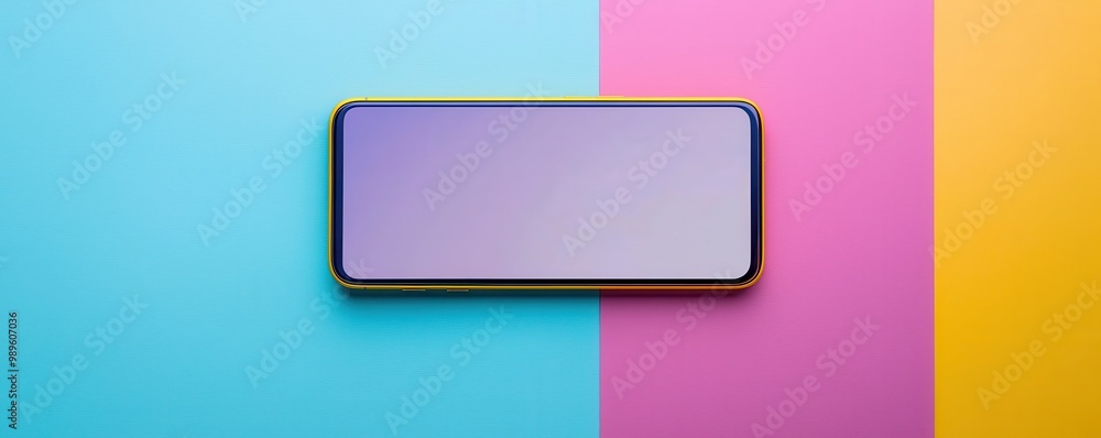 Modern smartphone with blank screen on a vibrant blue, pink, and yellow background Modern smartphone with blank screen on a vibrant blue, pink, and yellow background