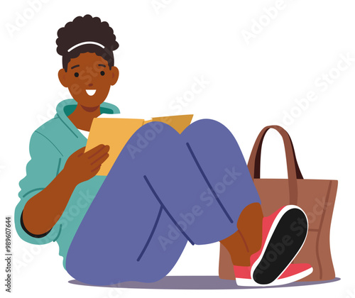 University Student Sits Comfortably On Floor Reading Book With Enthusiasm. Cartoon Vector Scene Captures Student Life