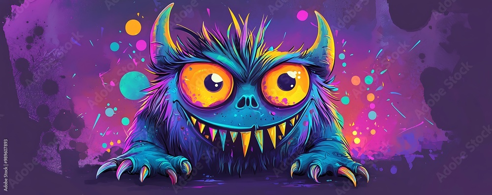 Vibrant-toned whimsical monster cartoon against a purple background. Vibrant-toned whimsical monster cartoon against a purple background.