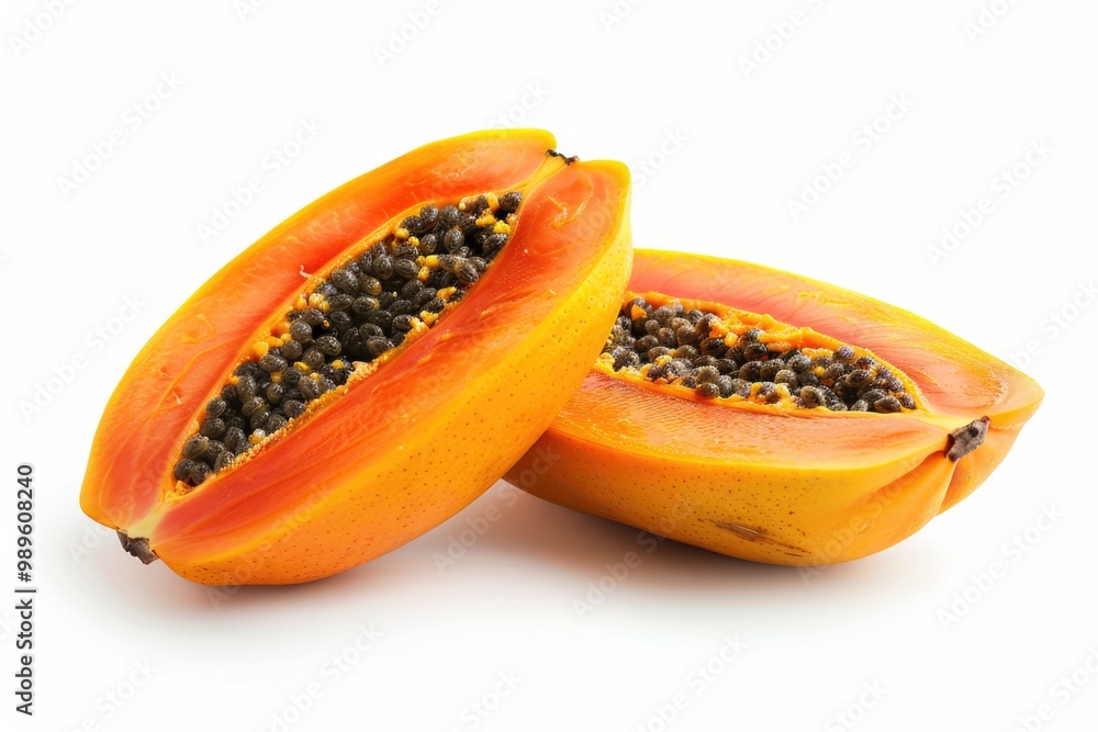 Fresh papaya halves arranged neatly on a white background Fresh papaya halves arranged neatly on a white background