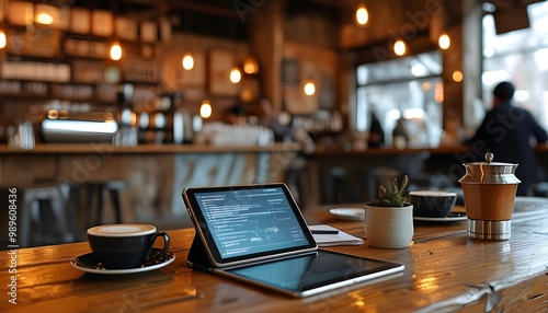 Futuristic business meetings in cafes and bars, showcasing tablets, laptops, and phones, enhanced by AI generative technology