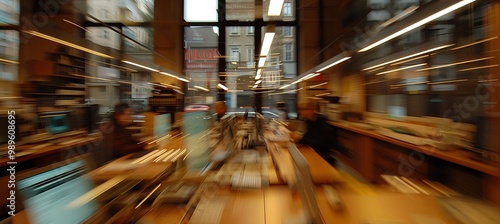 Abstract office space blurry desks and modern gadgets captured using motion blur to create a dynamic yet peaceful work environment photo