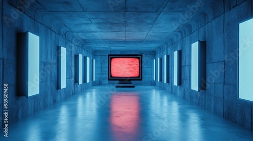 A long hallway with a red light on the wall and blue lights, AI