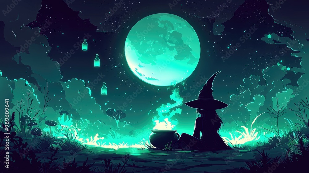 A mystical witch brewing a potion in a cauldron, surrounded by enchanted forest creatures, glowing mushrooms, and floating potion bottles, all under a full moon A mystical witch brewing a potion in a cauldron, surrounded by enchanted forest creatures, glowing mushrooms, and floating potion bottles, all under a full moon