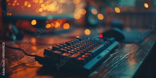 Blurred closeup of sleek keyboard and mouse on a minimalist desk using depth of field to create a softfocus ambience with a calm workspace fading away