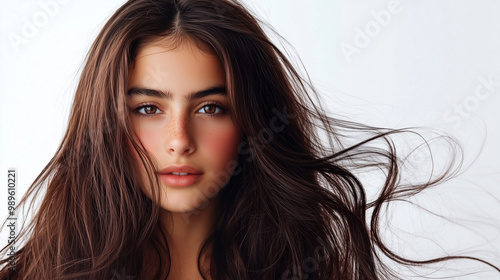 Arabic girl with long shiny brown hair on a white background, shampoo advertising