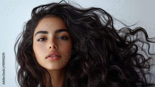 Arabic girl with long shiny brown hair on a white background, shampoo advertising