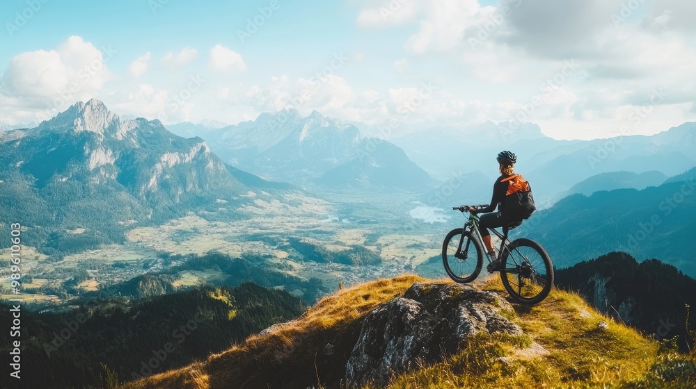 A cyclist taking a break on a mountaintop trail, with their bicycle leaning against a rock and a panoramic view of valleys and peaks stretching into the distance. A cyclist taking a break on a mountaintop trail, with their bicycle leaning against a rock and a panoramic view of valleys and peaks stretching into the distance.