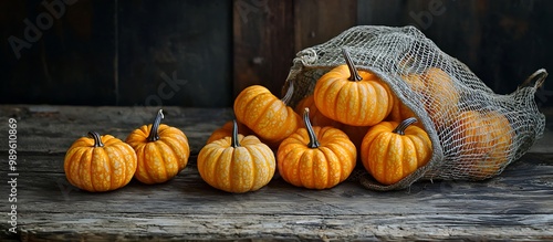 Artful mini pumpkins in mesh on a wooden surface, harvest themed.