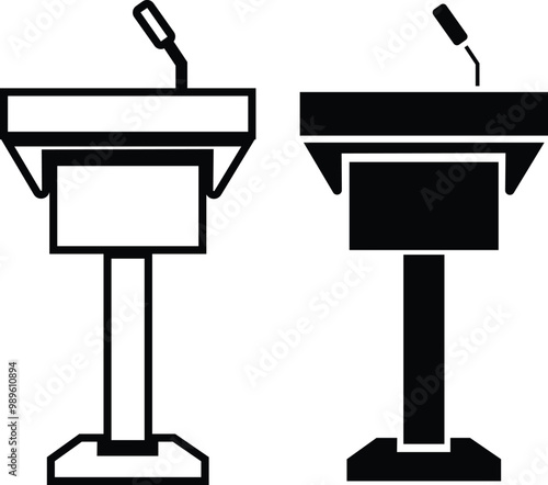 Podium of tribune with microphone icon in flat line set. Rostrum stand with microphone for conference debates, trophy isolated on transparent background. presentation speech vector for apps or web