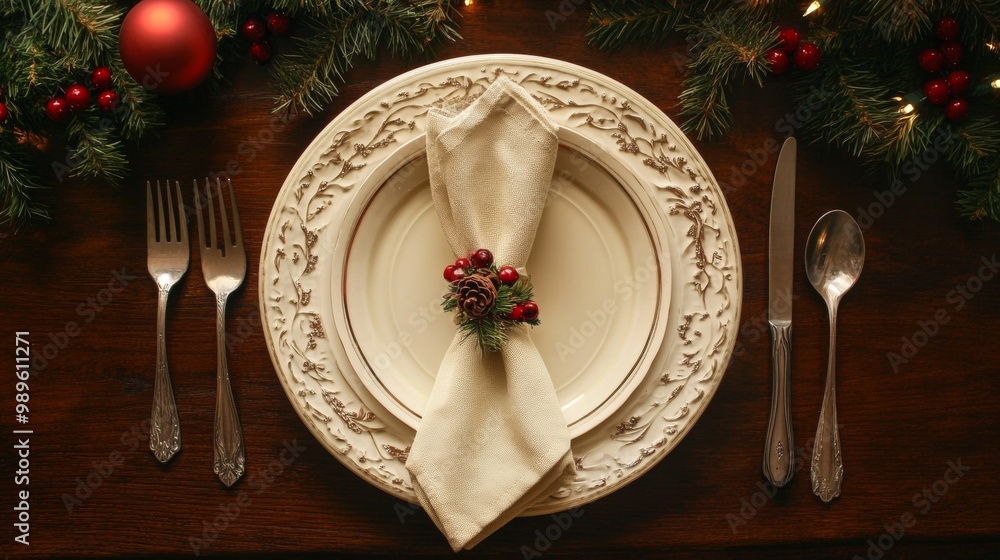 Christmas dinner concept. Christmas plate on the table. Festive Xmas background Christmas dinner concept. Christmas plate on the table. Festive Xmas background